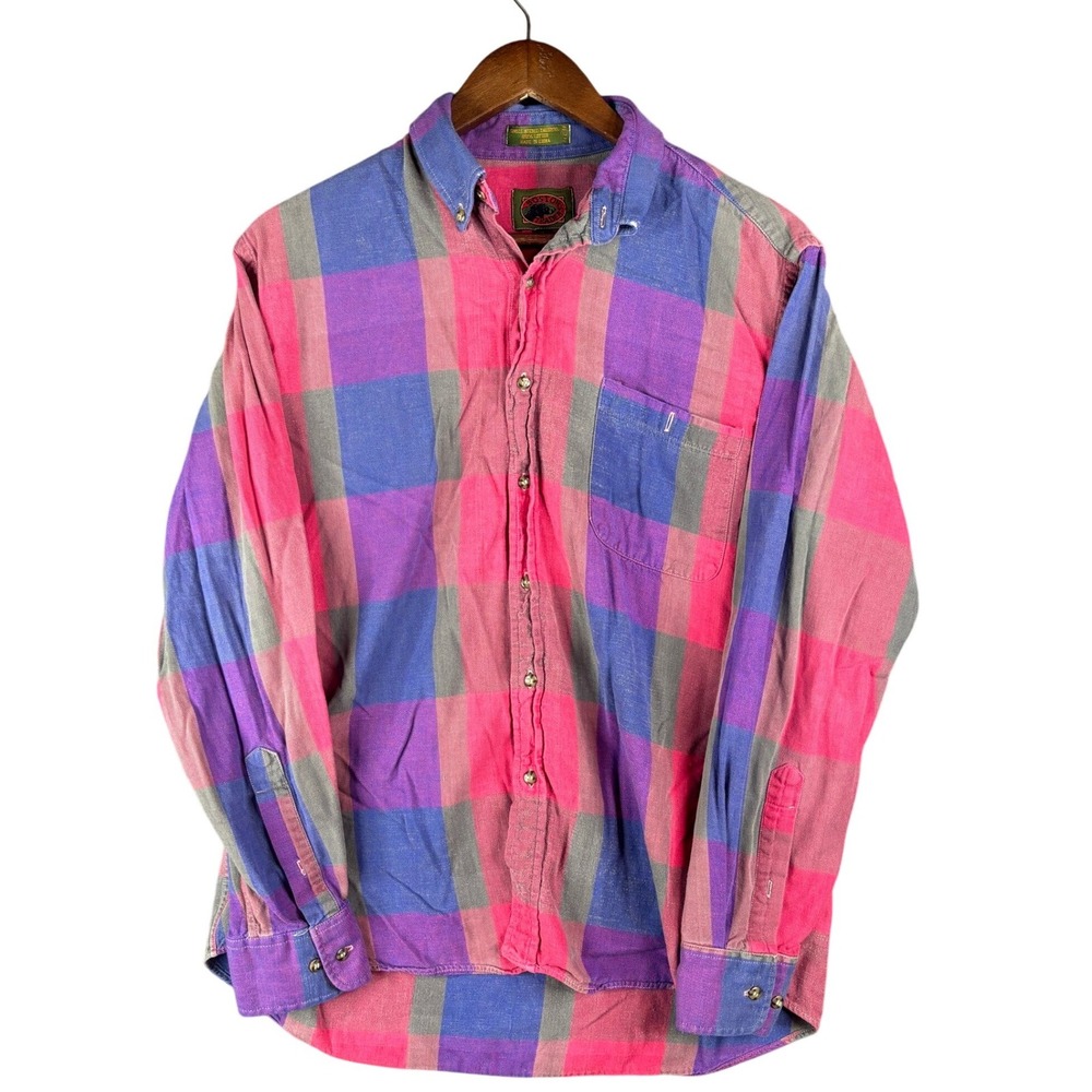 Boston Traders Men Pink Purple Blue Plaid Cotton Button Down Shirt Size M Casual